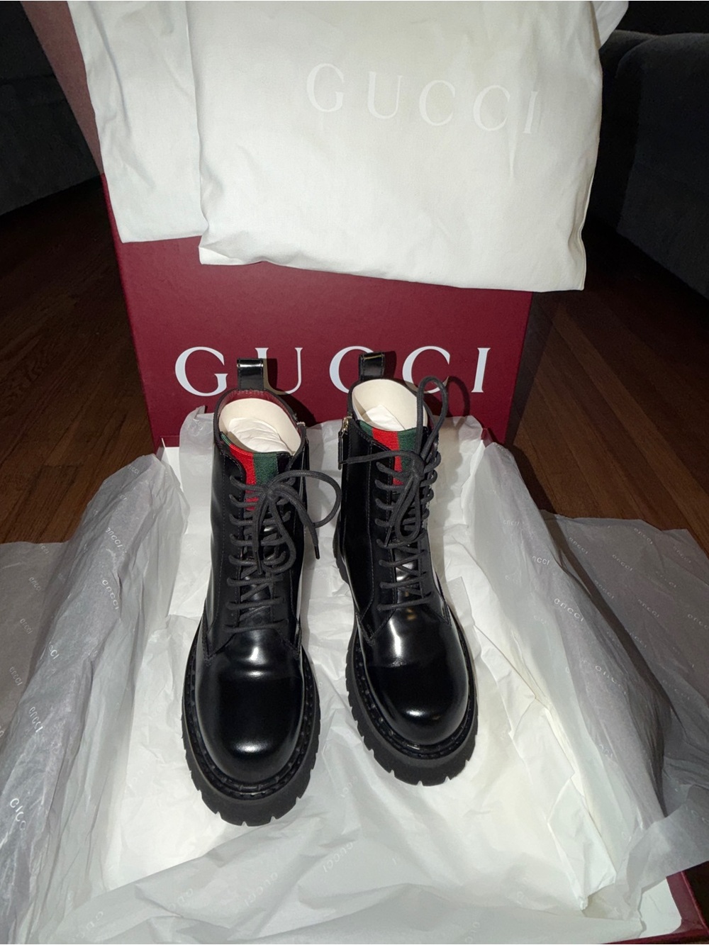 Gucci Web Spice cLux Nappa Lace Up Combat Boots Web Black Leather
